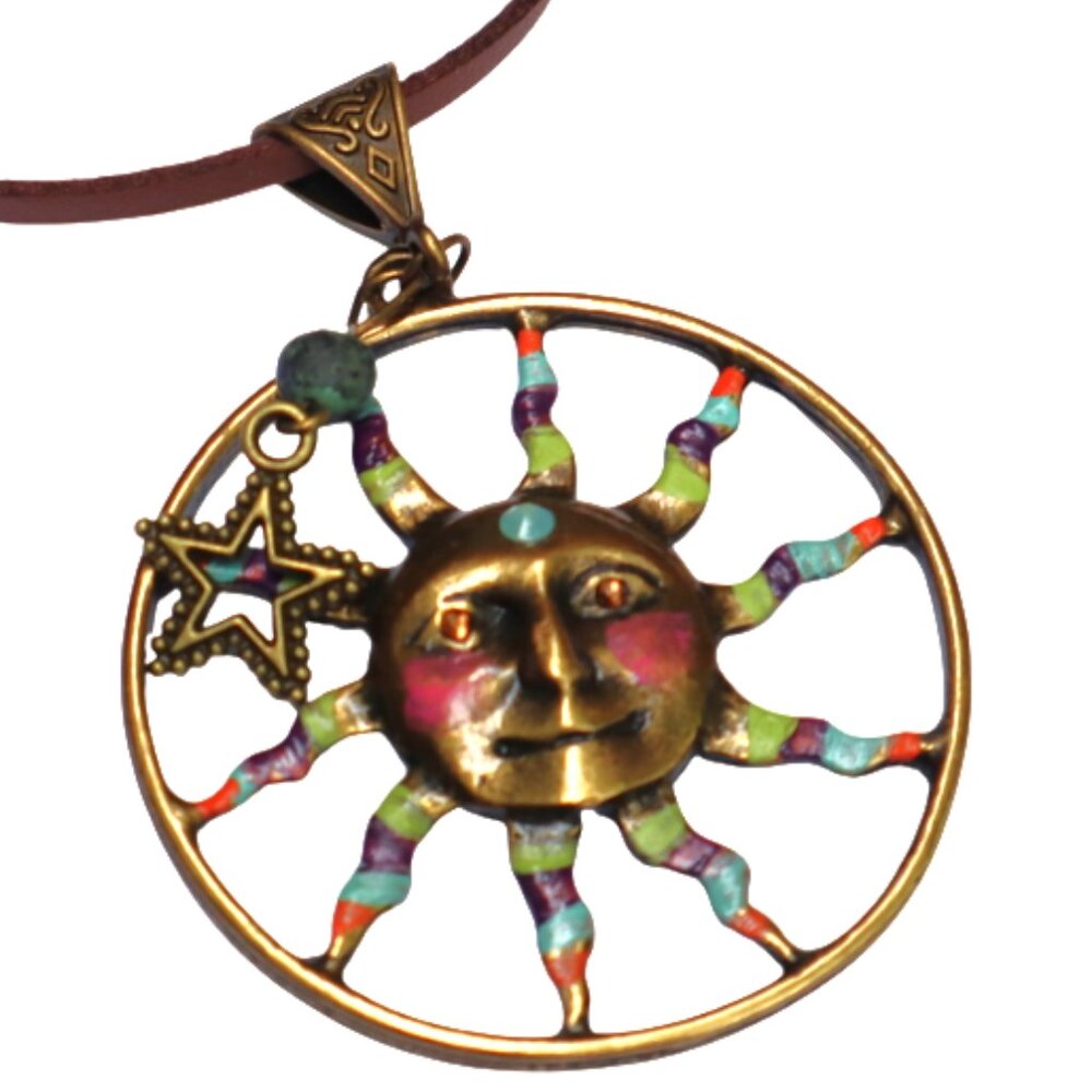 Large Antique Gold Boho Sun Pendant Leather Necklace Handmade Bohemian Jewelry
